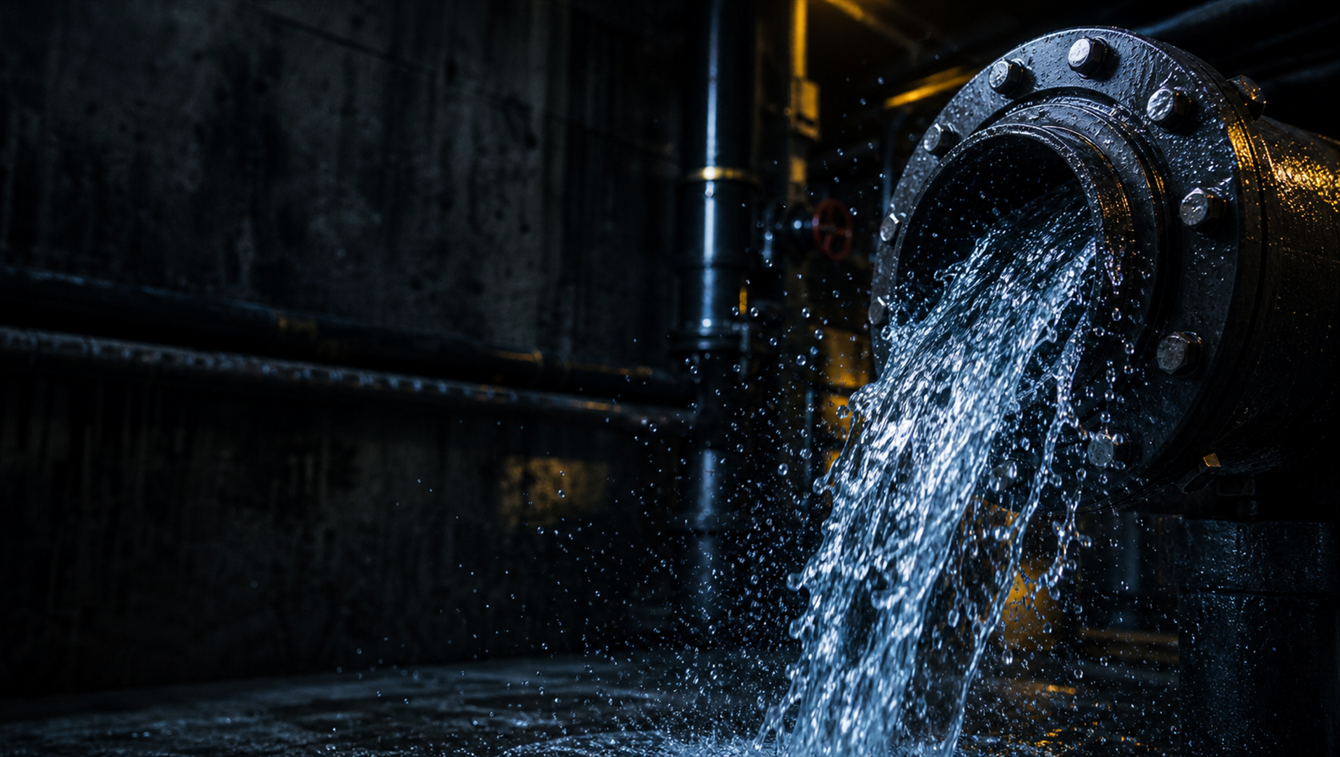 Burst pipe flange gushing water in a dark plant room